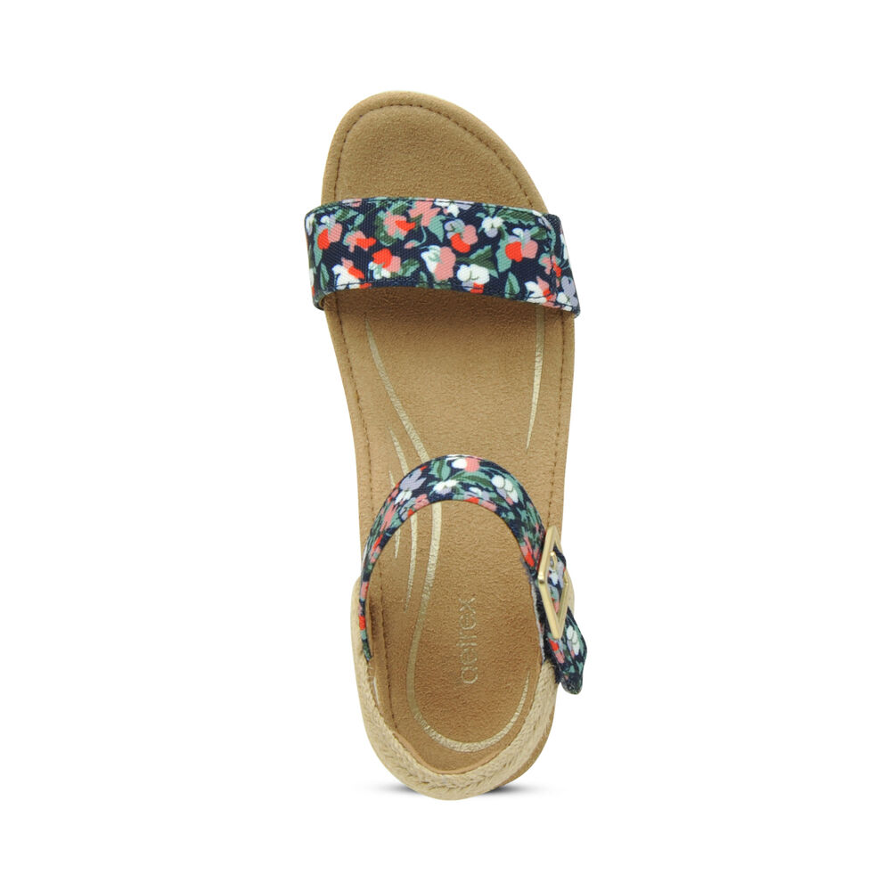 Aetrex Women's Sydney Quarter Strap Espadrille Wedge Sandals - Floral | USA V6US6QZ